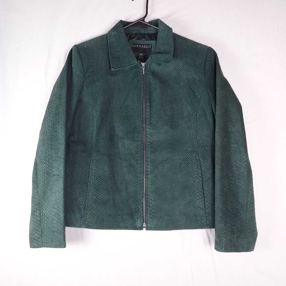 Bernardo Leather Jacket Women's L Green Forest Genuine Leather Polyester Lining